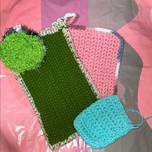 Colorful handmade Crochet Dishcloth Set with scrubby & draw string soap bag.